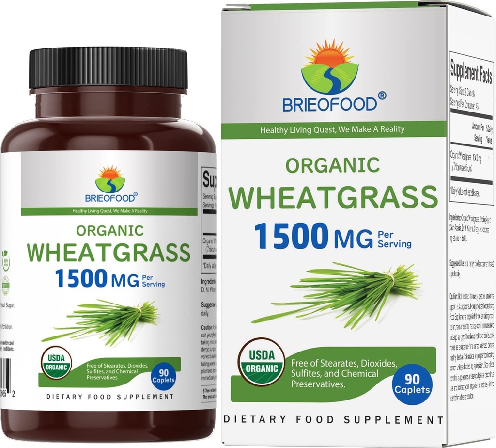 Brieofood Organic Wheatgrass 1500mg, 45 Servering, Vegetarisk, Gluten Free, 90 Vegetariske tabletter