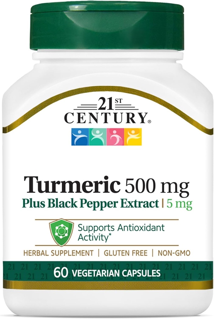 21. Century gurkemeje 500 mg Plus Black Pepper Extract Vegetariske kapsler, 60 Greve