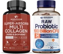 Grossic Wellness Super- Absorb Multi Collagen Pills (type I II III V X) Organiske urter og Bioperine + Organic Probiotika 100 Millioner CFU, Dr. Formulerede Probiotika til kvinder, Mænd og voksne Bundle