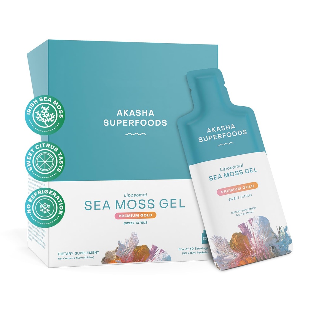 Akasha Superfoods Irish Sea Moss Gel, Liposomal Seamoss med Irish Sea Moss, E-vitamin, Citrus, Organic Vanilla, Glycerin, Hud, Energi & Gut Sundhedsstøtte til kvinder & mænd, Sweet Citrus Flavor, 30 Ct