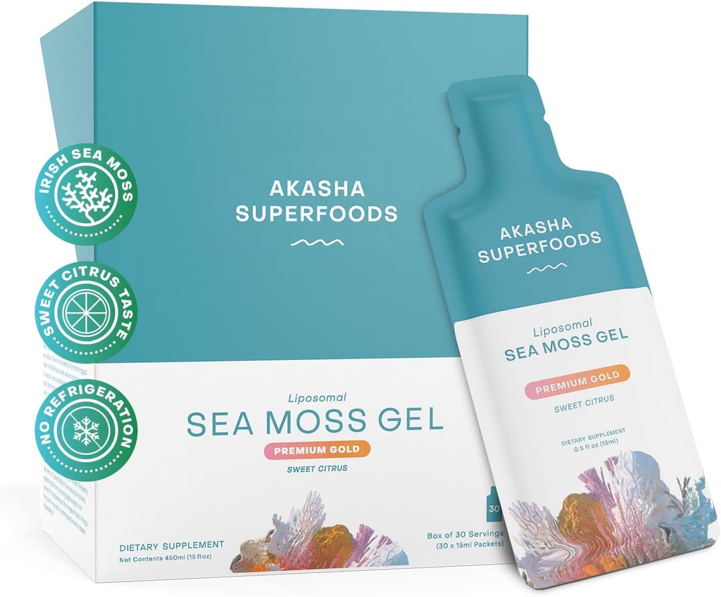 Akasha Superfoods Irish Sea Moss Gel, Liposomal Seamoss med Irish Sea Moss, E-vitamin, Citrus, Organic Vanilla, Glycerin, Hud, Energi & Gut Sundhedsstøtte til kvinder & mænd, Sweet Citrus Flavor, 30 Ct