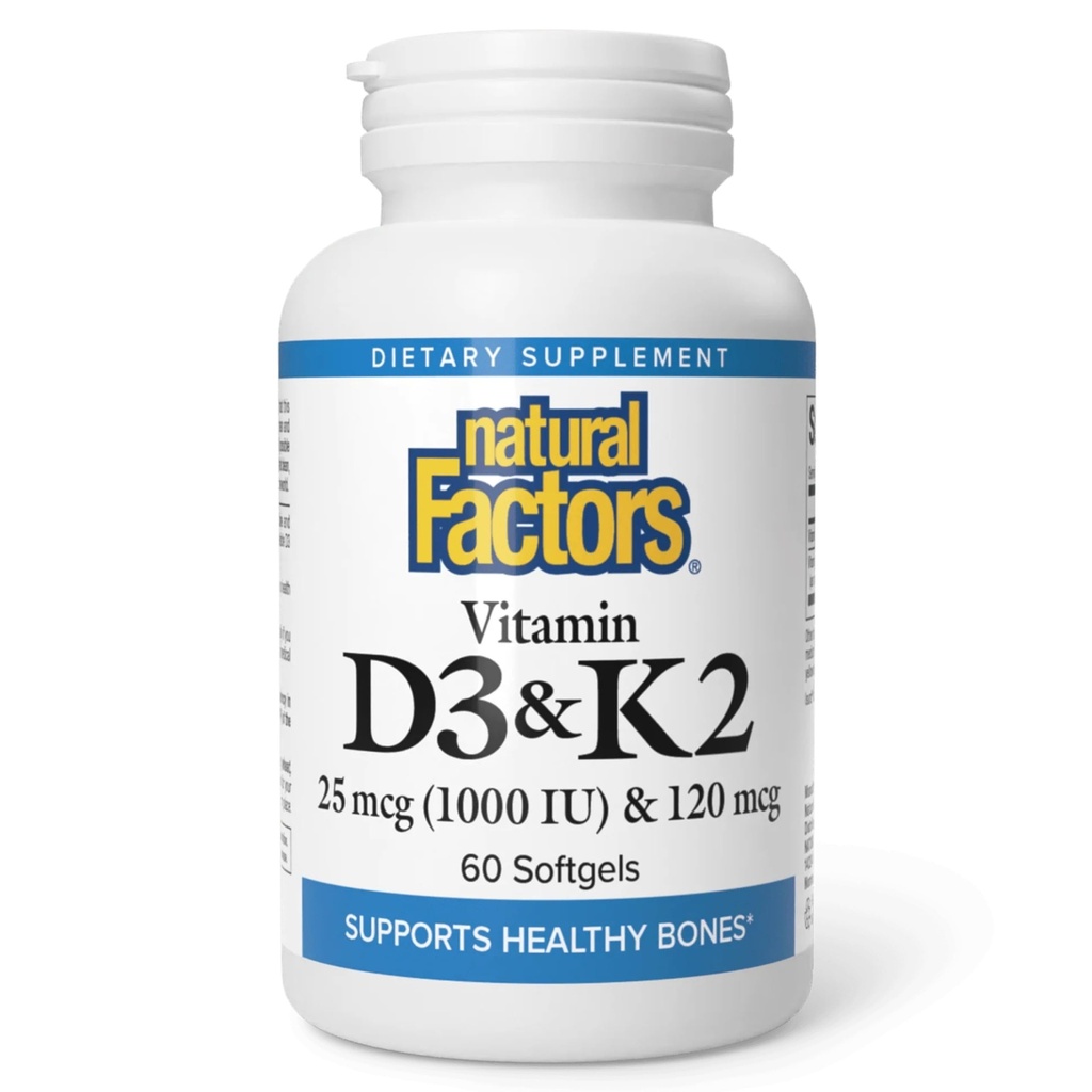 Naturlige faktorer, D3- vitamin & K2 1000 IE og 120 mcg, understøtter ben og vaskulær sundhed, 60 Softgels