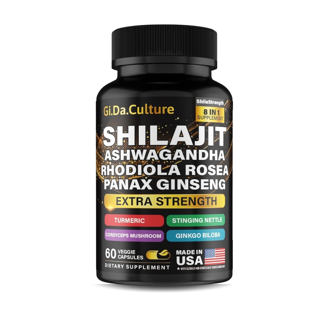 Shilajit Ashwagandha Rhodiola Rosea Panax Ginseng - for mænd og kvinder - Shilajit kapsler - 60 Veggie kapsler