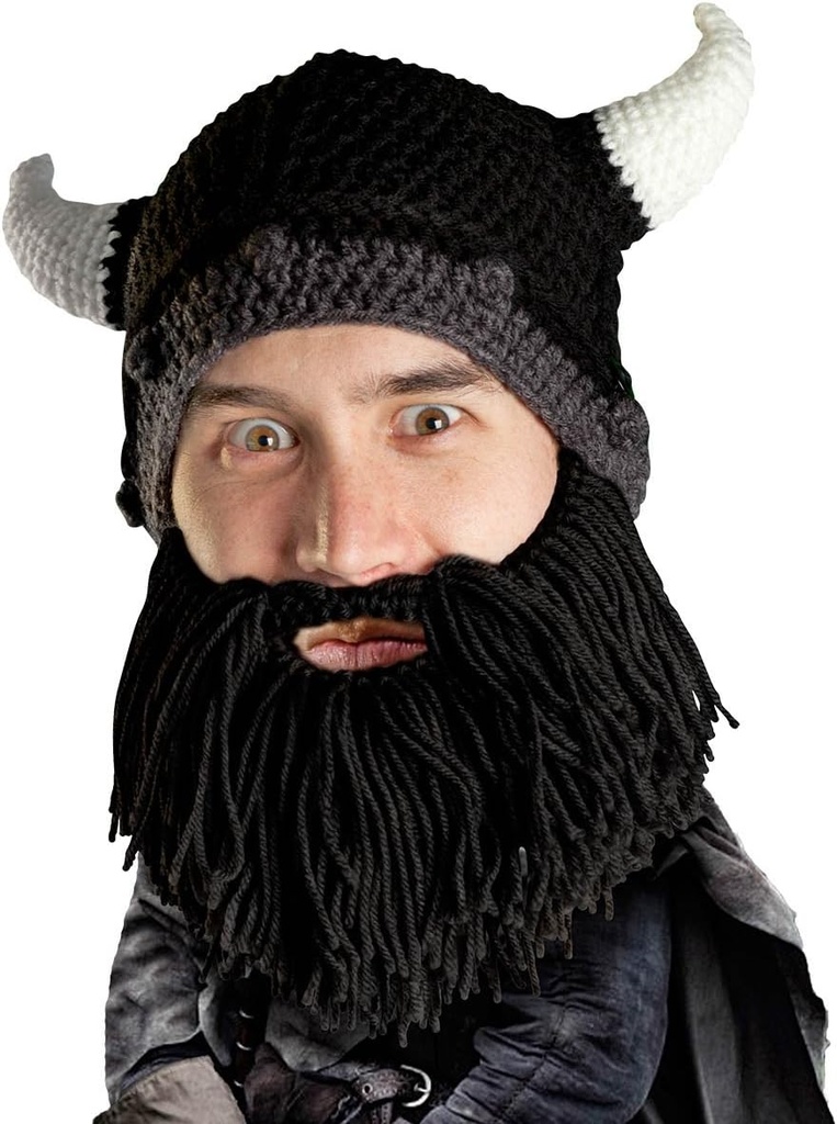 Beard Head Viking Looter - Original håndlavet Knit hjelm og flytbar sort skæg