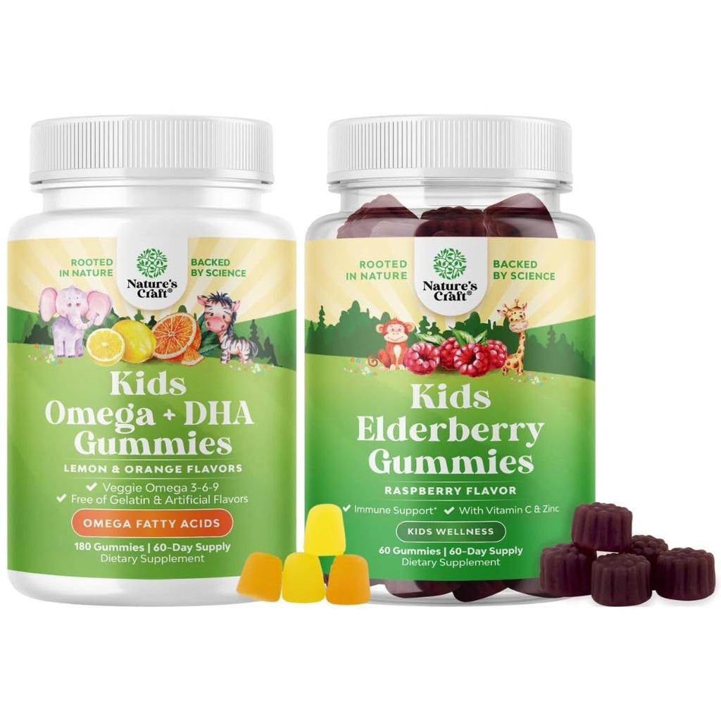 Bundle af Omega DHA Gummies for Kids - Fedtsyrer Omega 3 6 9 med C-vitamin til hjerne, Immunitet & Vision og Sambucus Elderberry Gummies for Kids Sundhed med Zink & C-vitamin til immunforsvar