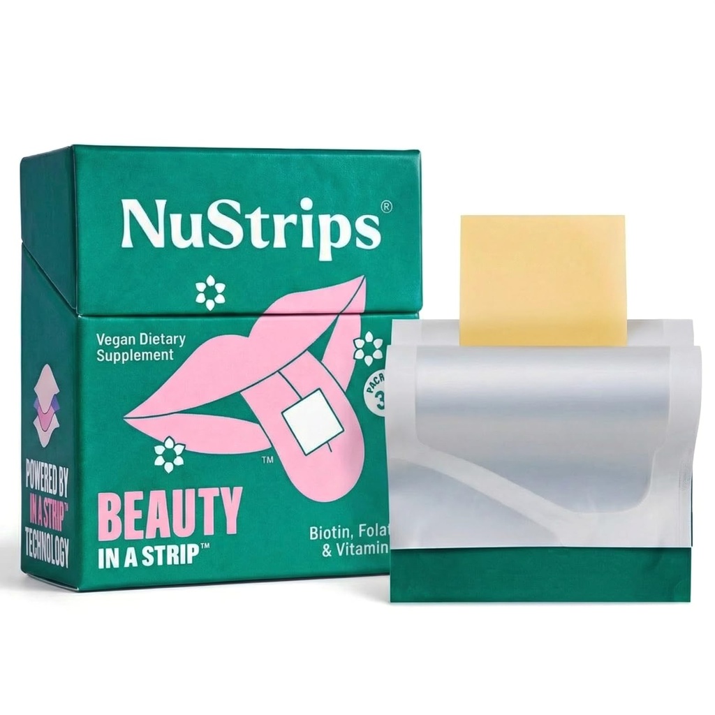 NuStrips ™ Fast- Opløsning Skønhedstrips med Biotin, Folate & E-vitamin - Hår, Hud og negle supplement - Understøtter hårvækst & reducerer hårfald - Non- GMO, Vegan - Lækker Jordbær - 30 Strips