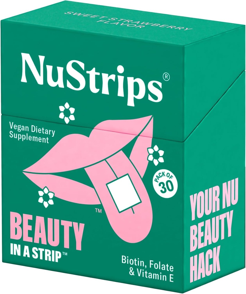 NuStrips™ Fast-Dissolving Beauty Strips with Biotin, Folate & Vitamin E – Hair, Skin & Nails Supplement – Supports Hair Growth & Reduces Hair Fall – Non-GMO, Vegan – Delicious Strawberry – 30 Strips