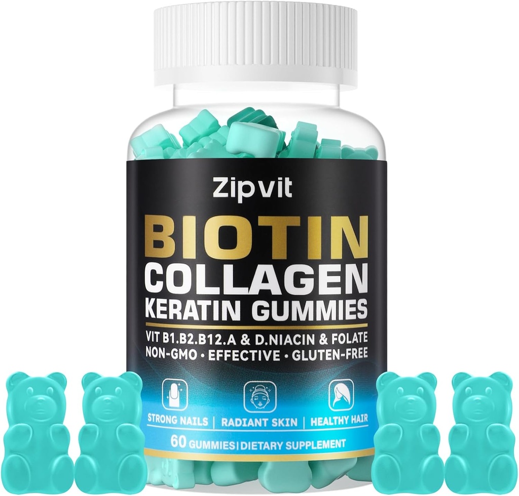 Biotin collagen gummies - Hår hud og negle Vitaminer for kvinder & mænd - Hår vækst vitaminer: B1, B2, B3, B6, B7, Collagen, Keratin, Vitamin A & D - Hår vækst supplement - 60 Gummy Bears