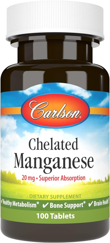 Carlson - Chelated Mangan, 20 mg, Superior Absorption, Sund Metabolisme, Knoglestøtte & Hjerne Sundhed, 100 tabletter