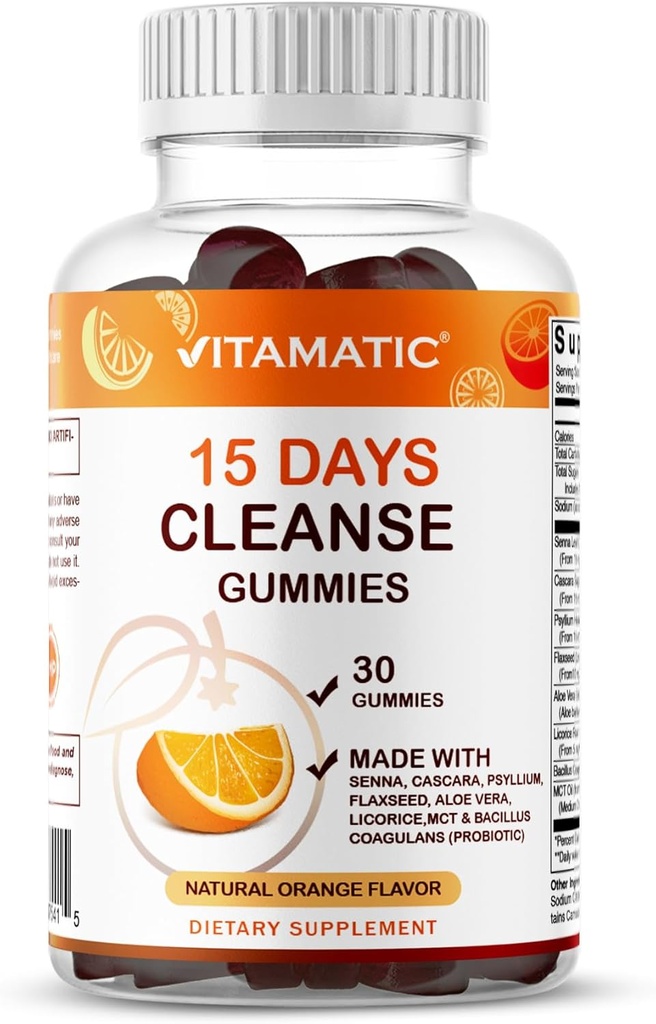 Vitamatisk 15-dages rengøring Gummier, Senna, Cascara, Psyllium, Flaxseed, Aloe Vera, Lakrids, MCT, Probiotika