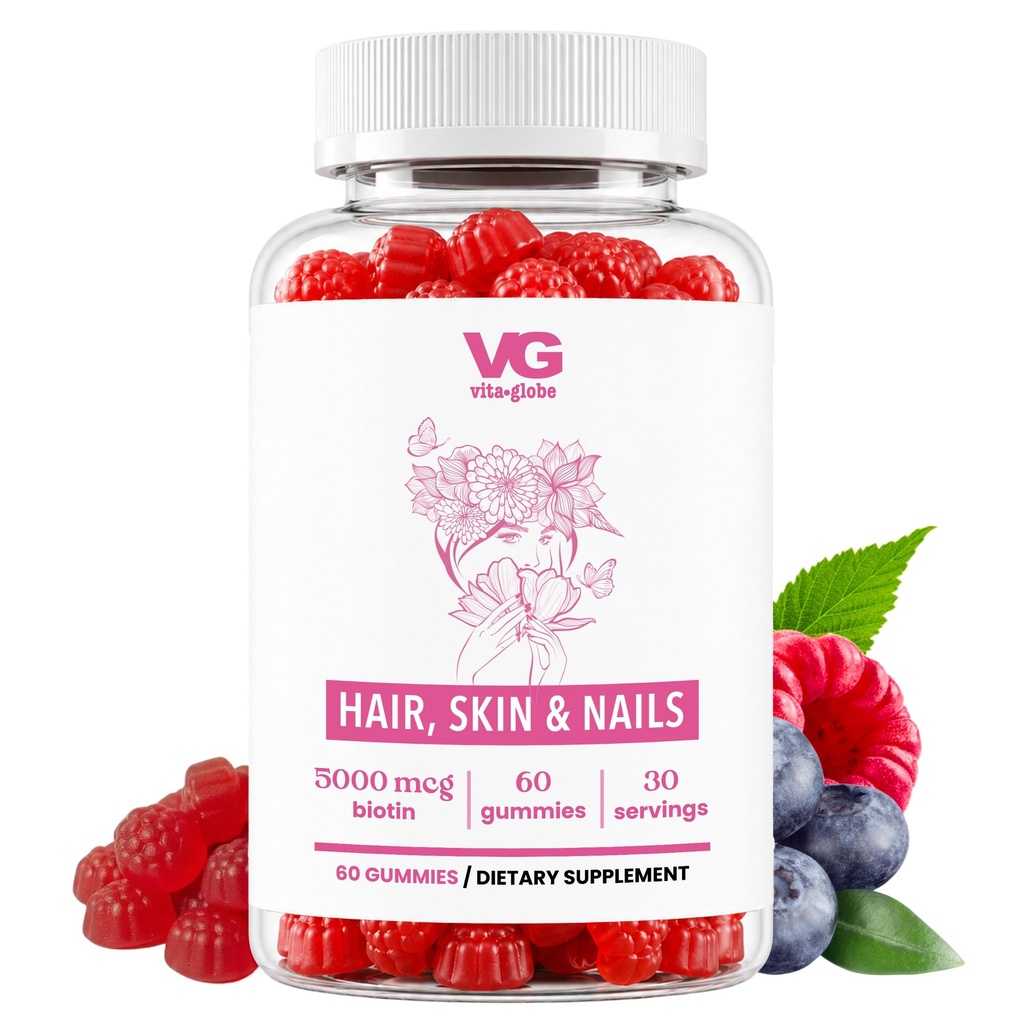 VITA GLOBE Hår, Hud & Nails + Collagen Gummies - 20 mg med Vitamin A, C, D, E, B6 & Biotin Budd124; Skønhed & Wellness Supplement for sund hårvækst, strålende hud & stærke negle - 60 greve (pakke med 1)