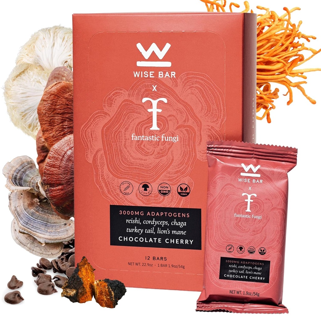 Wise Bar Adaptogen Mushroom Nutrition Bars med Reishi, Lions Mane & Ashwagandha, Organic Vegan & Gluten Gratis Snacks for Natural Focus, Energi & Immunity Support, Chokolade Cherry Flavor, 12 Greve