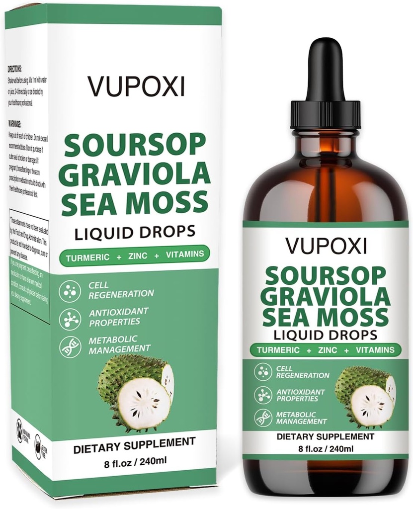 Soursop Multivitamin Liquid Drops Cell Support & Regeneration, immunboost, kostfibre og søvn, Organic Soursop Extract- Sugar Free, Non- GMO, 100% Vegan, Gluten- Free- 8 Fl Oz / 240 ML