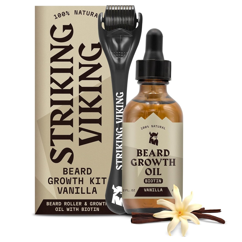 Striking Viking Beard Growth Oil - 2 fl oz, Pack of 1, Vanilla - Thickening Beard Oil with Jojoba & Argan Extracts - Promotes Facial Hair Growth & Targets Patchy Areas - Biotin Fortified