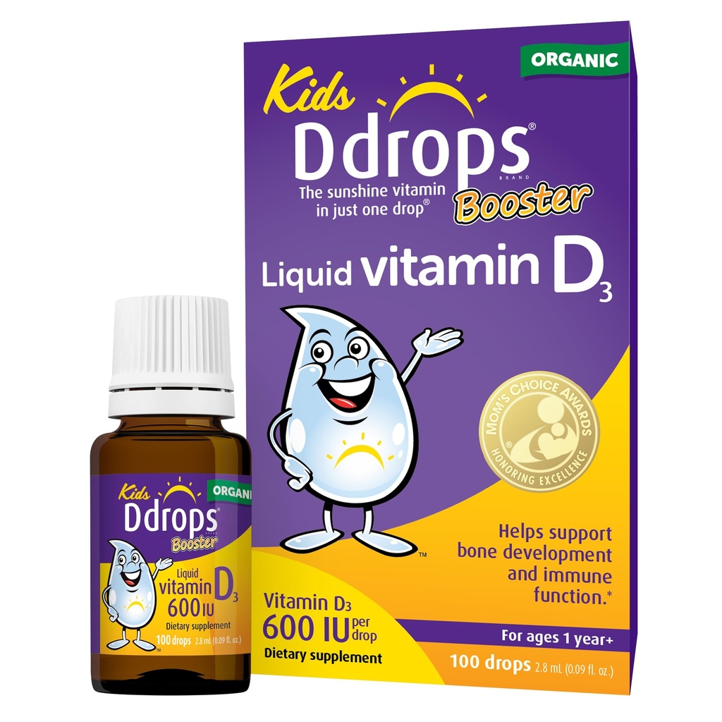 Ddrops Kids Booster 600IE 100 dråber - Daily Liquid Vitamin D til børn. Support Strong Bones & Immunsystem hos børn. Ingen konserveringsmidler, ingen sukker, ikke-GMO, allergi-venlige