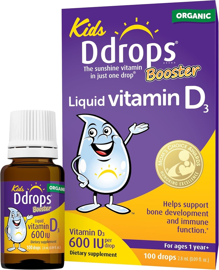 Ddrops Kids Booster 600IU 100 Drops - Daily Liquid Vitamin D for Kids. Support Strong Bones & Immune System in Children. No Preservatives, No Sugar, Non-GMO, Allergy-Friendly