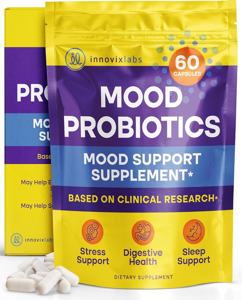 InnovixLabs Mood Probiotic for Women & Men, Clinically Studied fordøjelsestilskud & Mood Support, Lactobacillus helveticus Rosell- 52ND & Bifidobacterium longum Rosell- 175, 60 kapsler