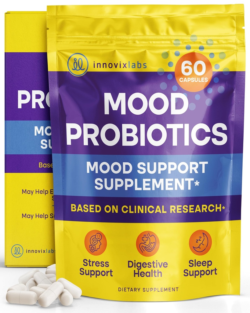InnovixLabs Mood Probiotic for Women & Men, Clinically Studied fordøjelsestilskud & Mood Support, Lactobacillus helveticus Rosell- 52ND & Bifidobacterium longum Rosell- 175, 60 kapsler
