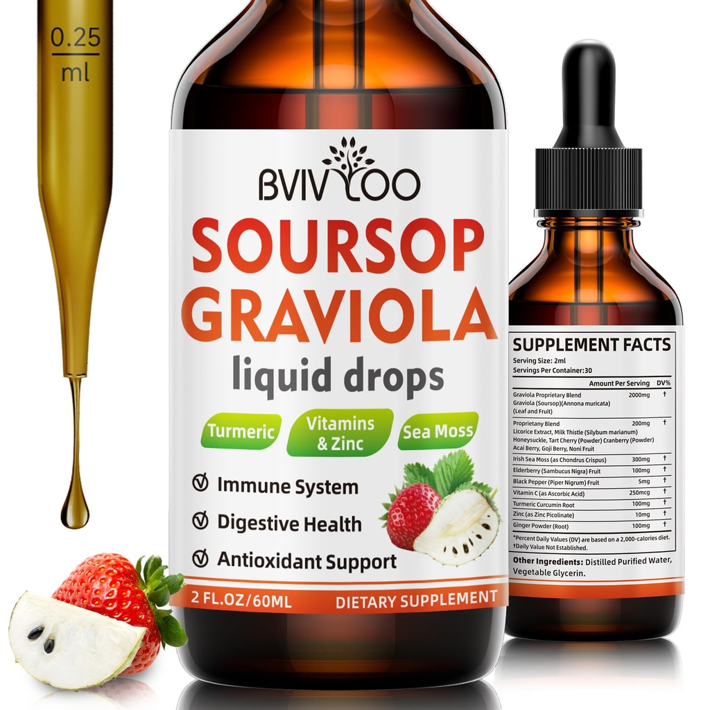 Soursop Graviola Liquid Drops til Cell Support & Regeneration, Immunboost, Slap af, lever og søvn, Soursop Bitters Liquid, Sukker / Gluten Free, Naturlige Jordbær Flavor - 2 Fl Oz (60ml) Flaske