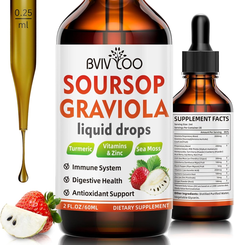 Soursop Graviola Liquid Drops til Cell Support & Regeneration, Immunboost, Slap af, lever og søvn, Soursop Bitters Liquid, Sukker / Gluten Free, Naturlige Jordbær Flavor - 2 Fl Oz (60ml) Flaske