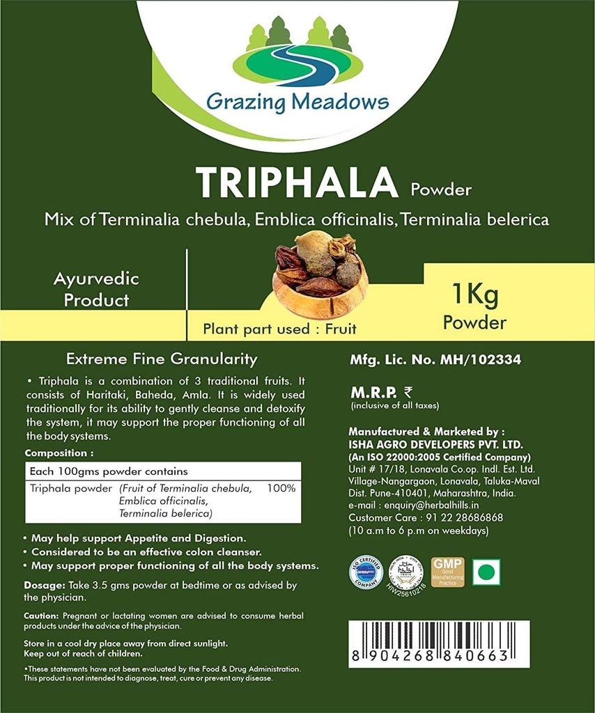 Græsning Meadows Triphala pulver - 1 Kg Triphala Churna pulver