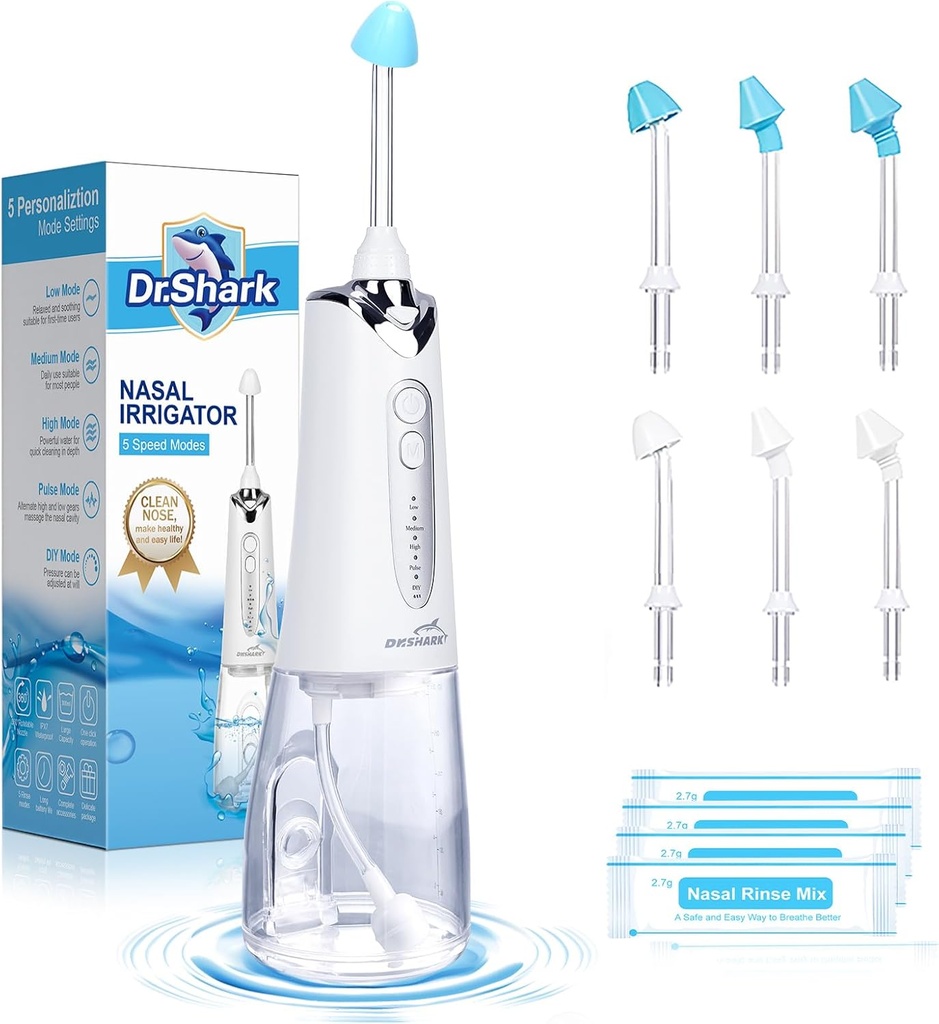 DR.SHARK Cordless Nasal Vanding System, Electric Netting Pot til Sinus, Næse Cleaner, Sinus Cleaner Machine, 5 Modes Nasal Rinse Machine