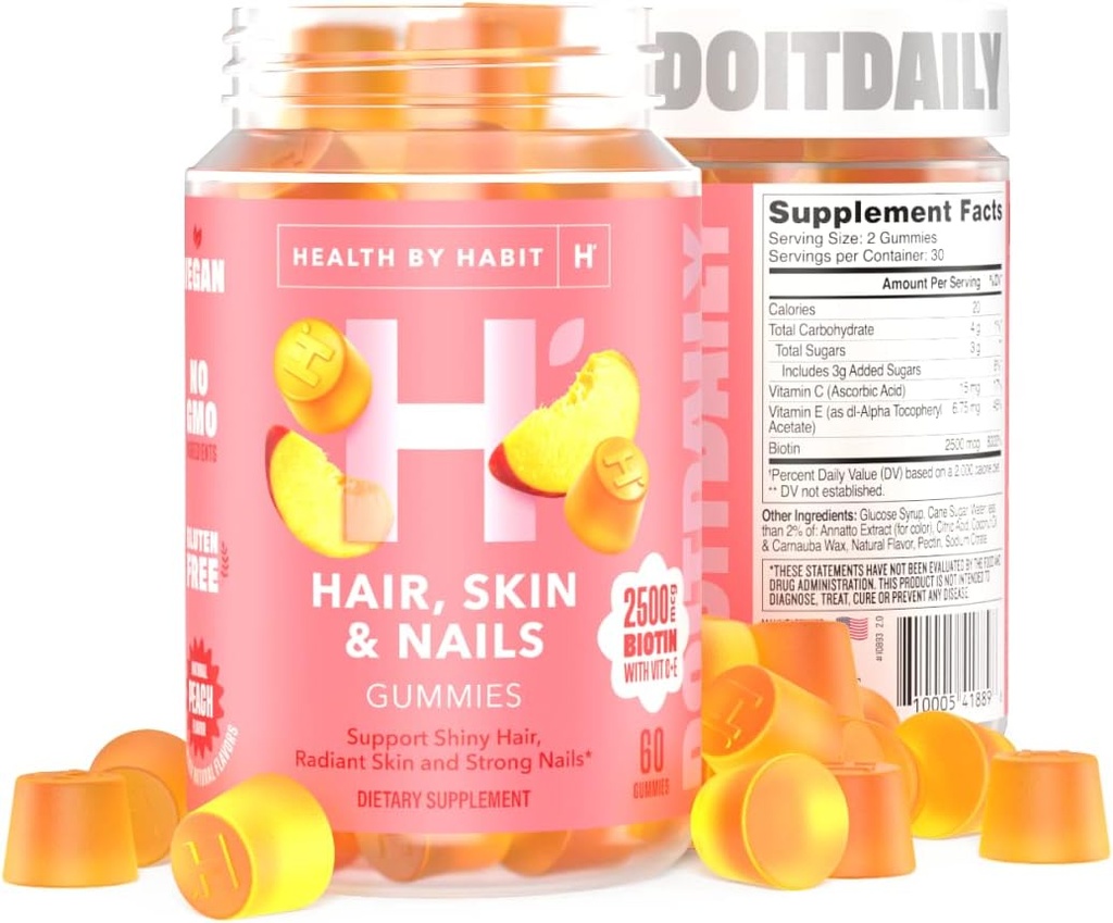 Sundhed ved Habit Hår, Hud og negle Supplement (60 gummies) - 2500mcg biotin, C-vitamin, E-vitamin, stærke negle, Peach Flavor, Vegan, Gluten Free, Non- GMO
