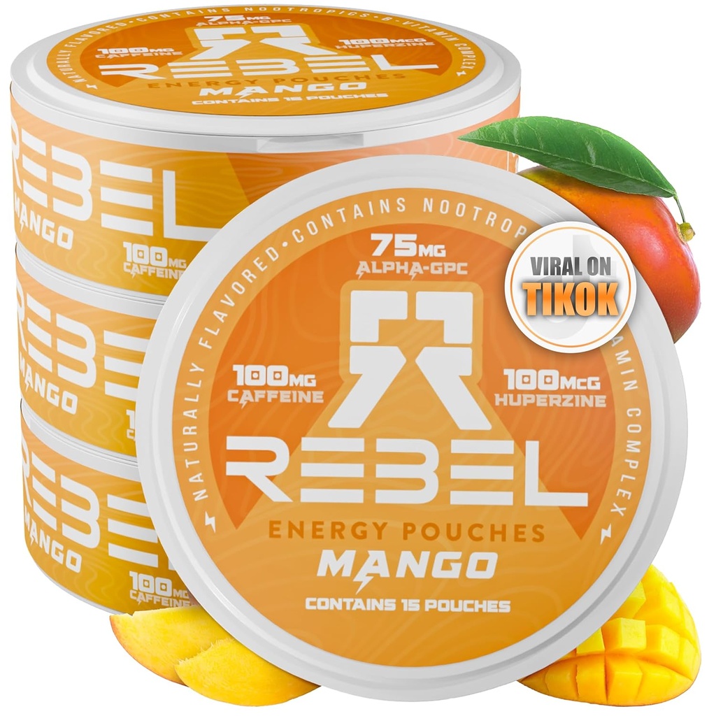 Nootropisk energi Koffein Pouches • 100mg Koffein • Alpha GPC • Huperzine A & Essentielle Vitaminer • Sukkerfri • Kokos Fiber Technology • Mango Flavor • 15 Pouches Per Can (pakke med 4)