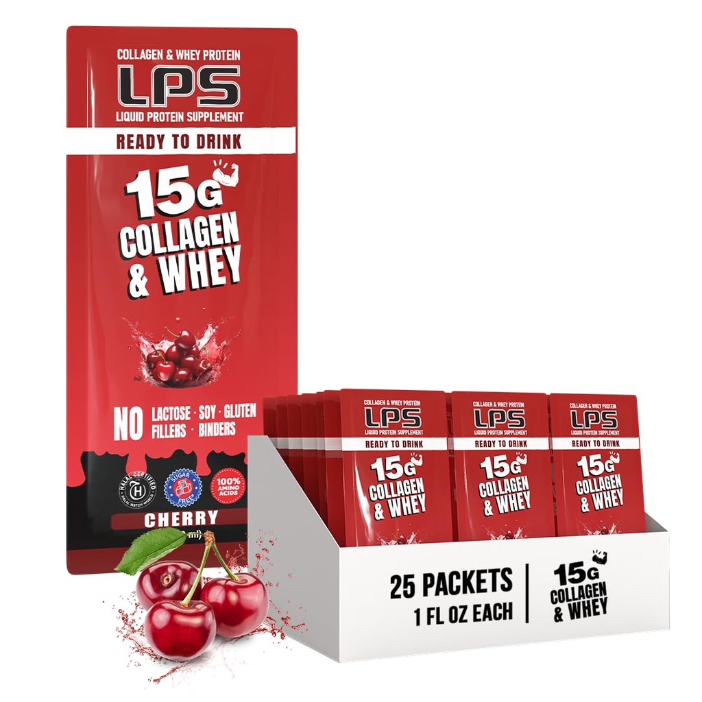Ernæringsmæssige designs LPS flydende collagen & whey protein supplement - non-GMO drik, sukkerfri - fremmer sund hud & hår til mænd og kvinder, Cherry, Single Serve (25 Pakker)