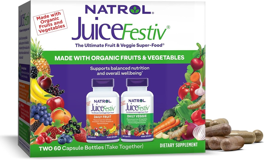 Natrol JuiceFetiv, Ultimate Fruit og Veggie Super- Food to Support Balanced Nutrition and Total Well- Being, Plus Antioxidants for Cellular Health, 60 Kapsler (2-greve), Op til en 30 dages forsyning