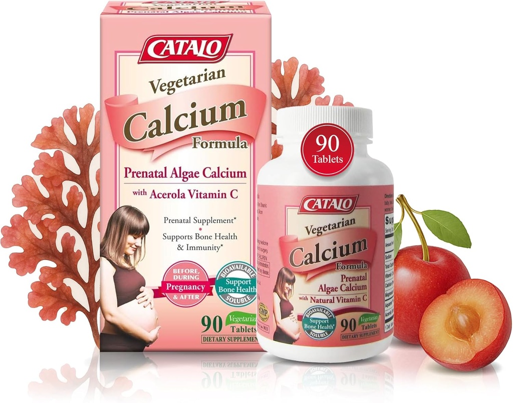 CATALO Vegetarisk Calciumtilskud til kvinder - Plantbaseret rød alger Calcium med Magnesium & C-vitamin til forbedret absorption - 90 tabletter