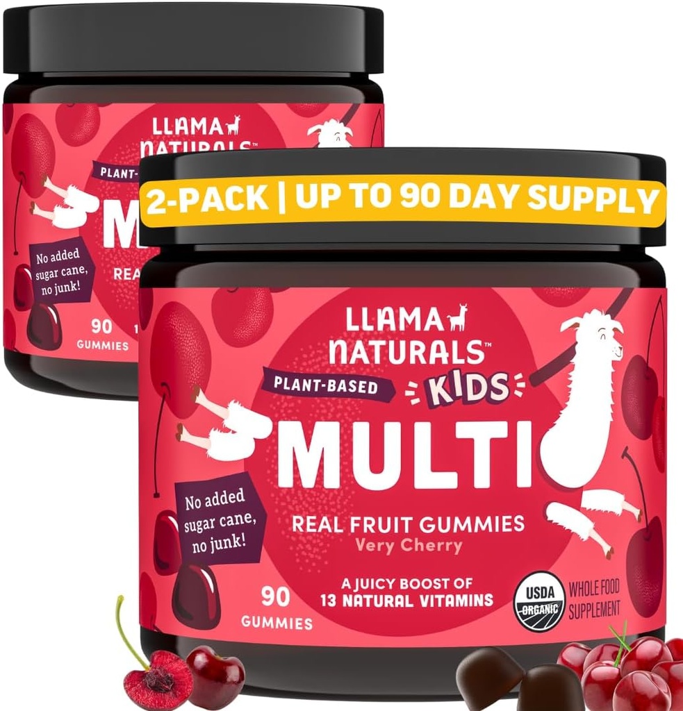 Llama Naturals Kids Multivitamin Gummies, Vegan, Organisk med D-vitamin, C & K, Toddler Real Fruit Gummy Vitaminer, Chewable Supplement, Hele fødevarer Multivitamin, Ingen tilsat sukkerrør, Cherry, 2 Pk