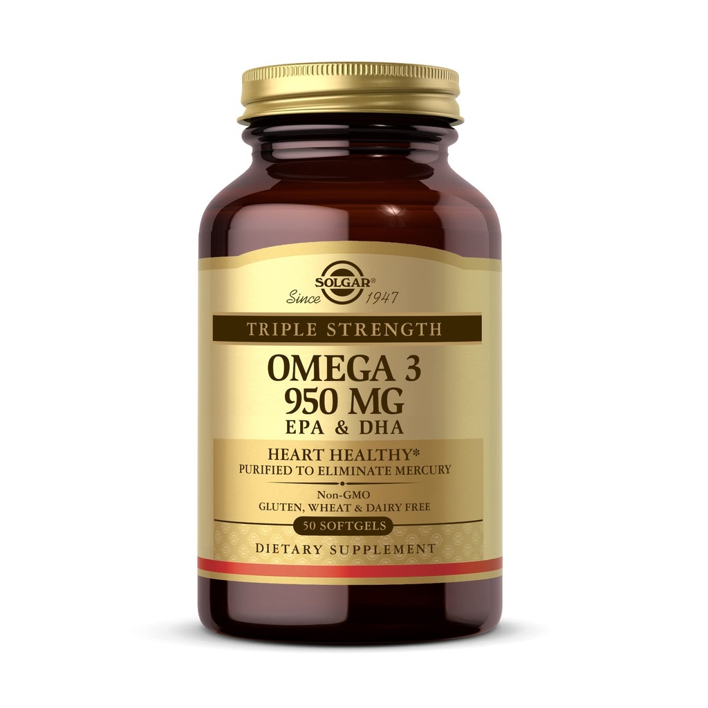 Solgar Triple Strength Omega 3 950 mg - 50 Softgels - Understøtter fælles & hudsundhed - non-GMO, Gluten Free, Dairy Free - 50 Servere