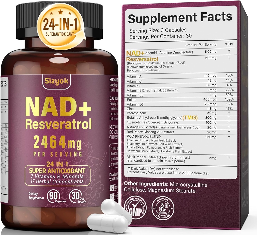 NAD Supplement 1100mg Pure Organic, Liposomal NAD Resveratrol Supplement for kvinder & mænd, Boost NAD + til ældning forsvar, Cellular Energy, Focus - Ultra Antioxidant, 90 Kapsler