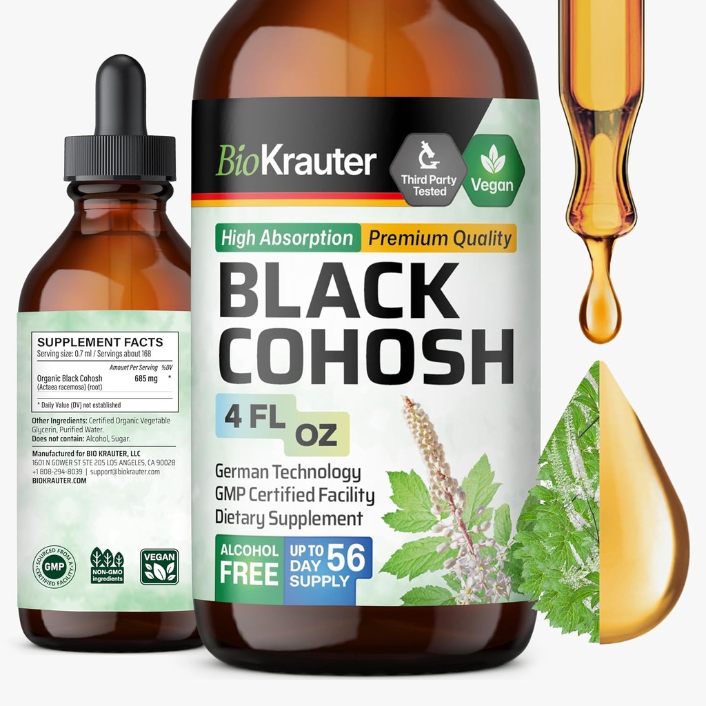 BIO KRAUTER Black Cohosh Tinktur - Vegansk Black Cohosh Kosttilskud Kvinder Support - Alkohol og sukker fri - 4 Fl.Oz.