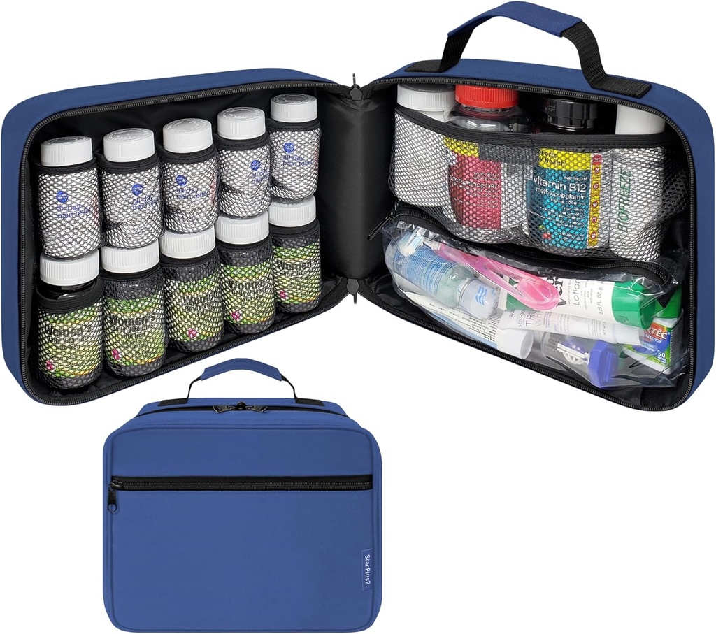 Stor polstret pilleflaske Organizer, Medicine Bag, Case, Carrier for Medicin, Vitaminer, og Medicinske forsyninger - Rejse Medicin Organizer og Home Storage Med Bag - Blå (uden lås)