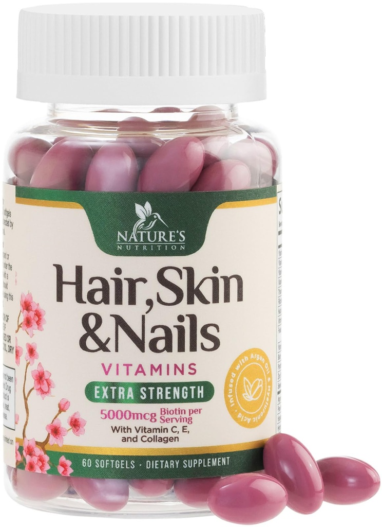 Hår, hud & negle Vitaminer for kvinder - Biotin 5000mcg til støtte hårvækst med Argan Oil, Collagen & Hyaluronsyre, Smukke, stærkere hud, hår & negle Vitamin Supplement - 60 Softgels