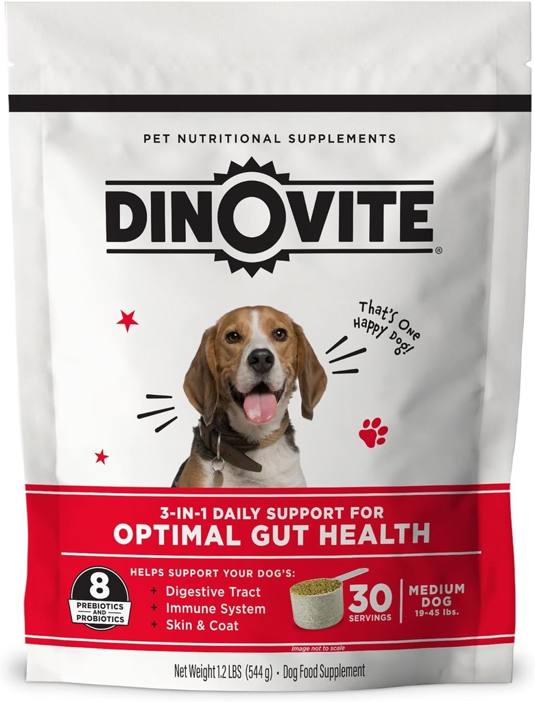 Dinovite 3 in 1 Probiotic for Medium Dogs, Skin & Coat, Digestive Health & Joint Relief, Dog Food Toppers, Immune Support, Allergy Relief & Itch Relief Skin Care, 30 Servings (18-45lb)