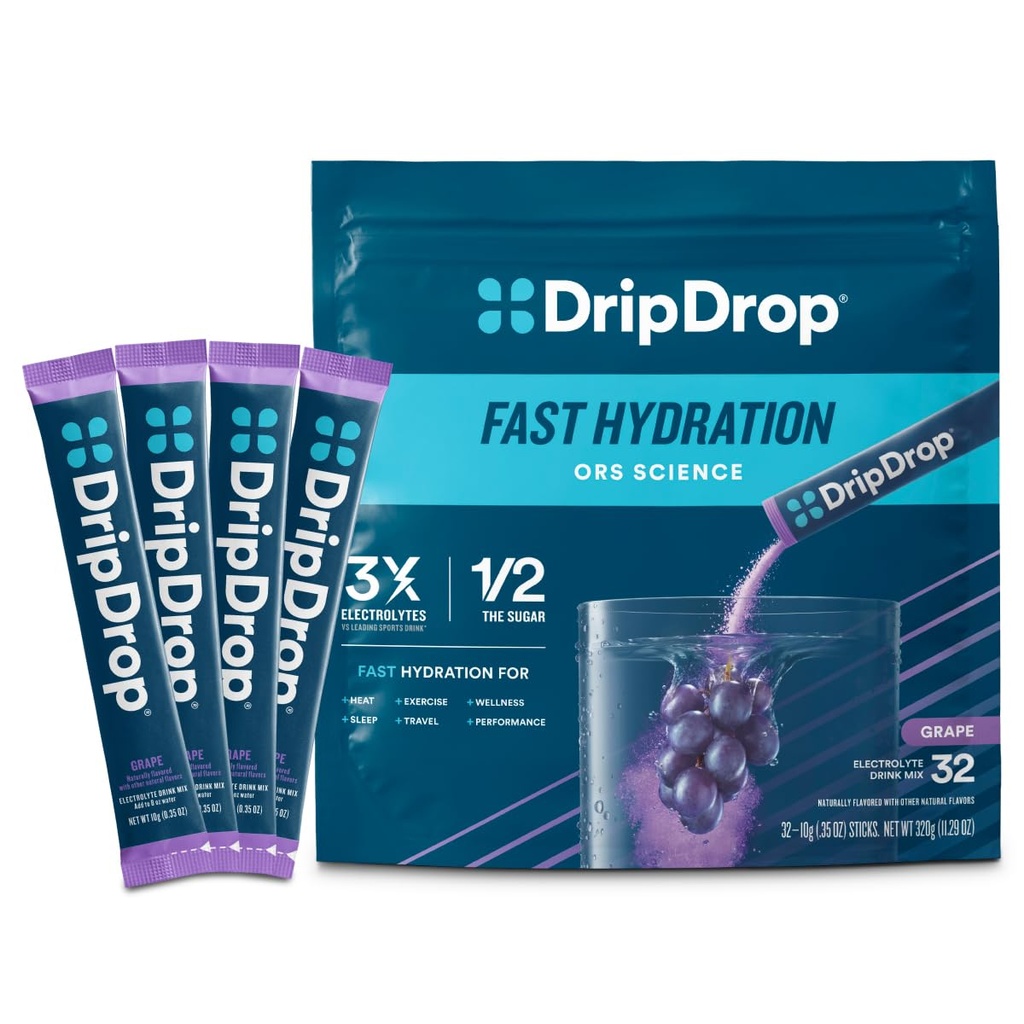 DripDrop Hydration Pakninger - Grape - Single Serve Electrolytes Powder Drink Mix - Non-GMO, Gluten Free, Vegan - 32 sticks