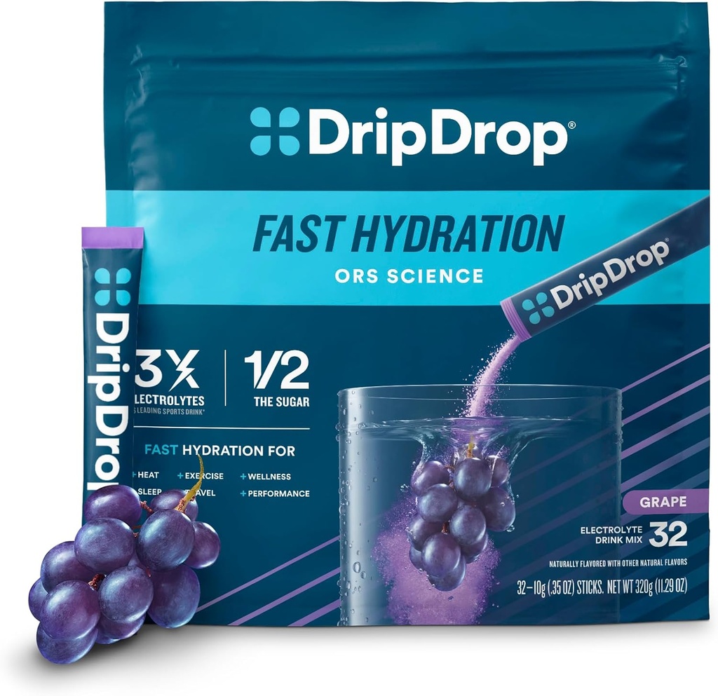 DripDrop Hydration Pakninger - Grape - Single Serve Electrolytes Powder Drink Mix - Non-GMO, Gluten Free, Vegan - 32 sticks