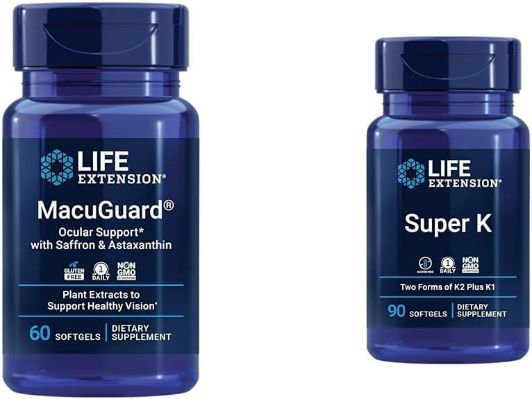 Life Extension Macuguard Eye Health Supplement med Lutein, Meso-Zeaxanthin, Saffron & Astaxanthin - 60 Greve og Super K Vitamin K1 K2 MK- 7 MK-4 Vitamin C - 90 Softgels