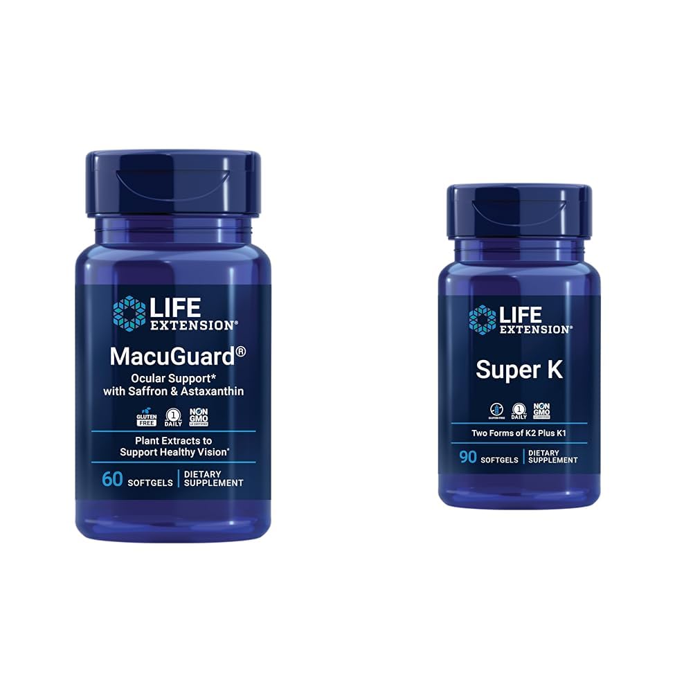 Life Extension Macuguard Eye Health Supplement med Lutein, Meso-Zeaxanthin, Saffron & Astaxanthin - 60 Greve og Super K Vitamin K1 K2 MK- 7 MK-4 Vitamin C - 90 Softgels