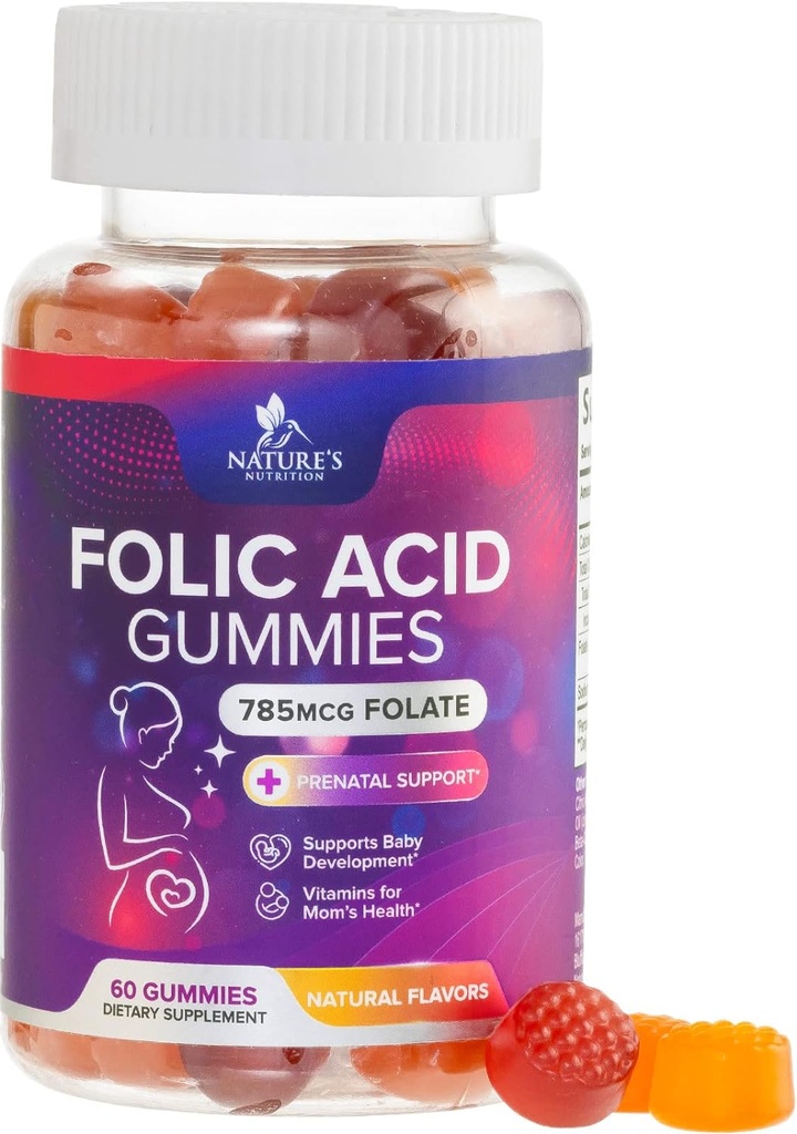 Folinsyre Gumies for Women 785 mcg, Essential Prenatal Vitaminer til mor og barn, Vegan Follic Supplement Gummy, Daglig Vitamin B9 Ekstra Styrke Folat, Før under graviditeten - 60 Gummies