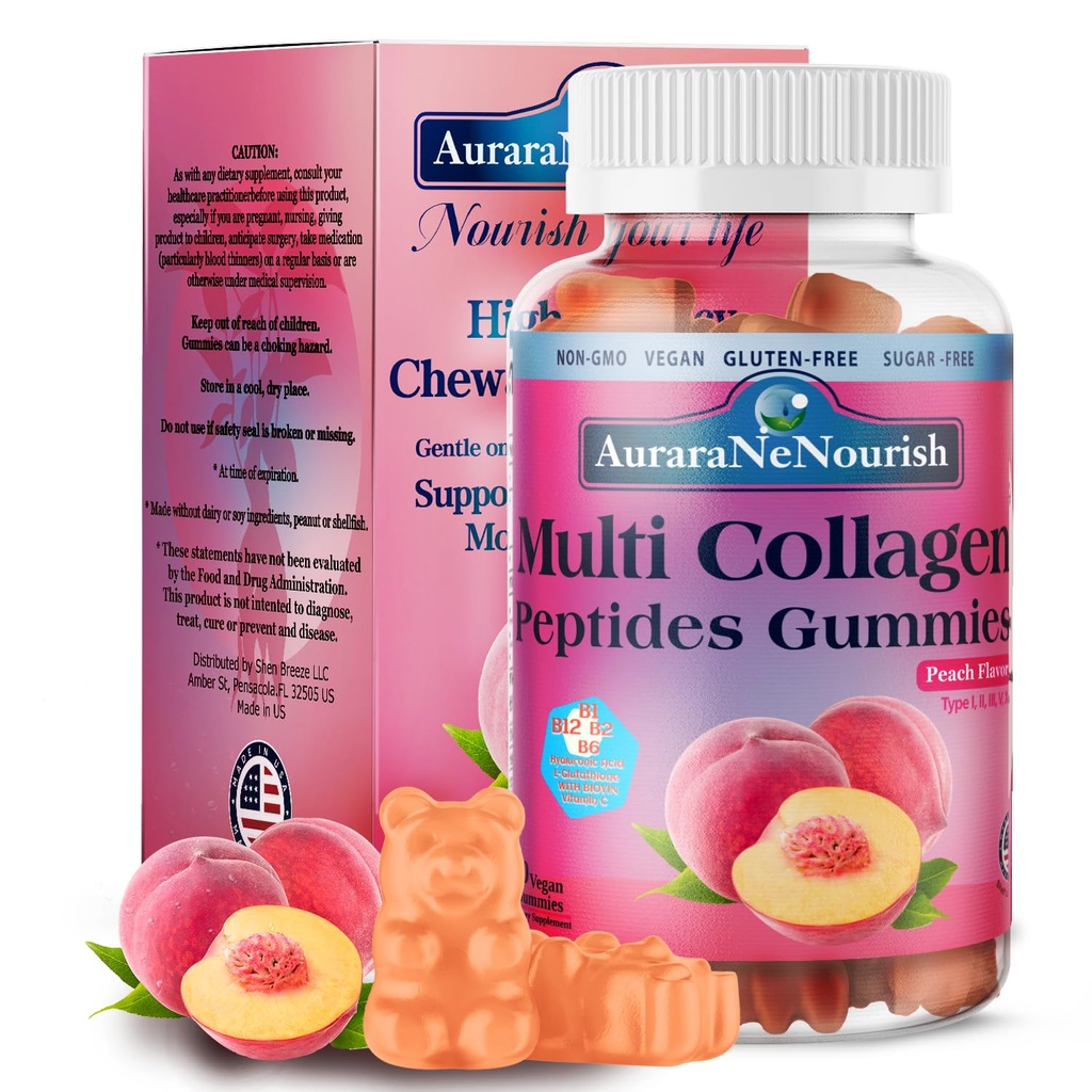 Multi Collagen Peptider Gummies, Sukker fri Hydrolyseret 5000mg Protein Shape Type I, II, III, V, X med Biotin Hyaluronsyre Vitamin C A D B6 B12 L- Glutathion til hud hårnegl Fælles ben -Peach Gummies