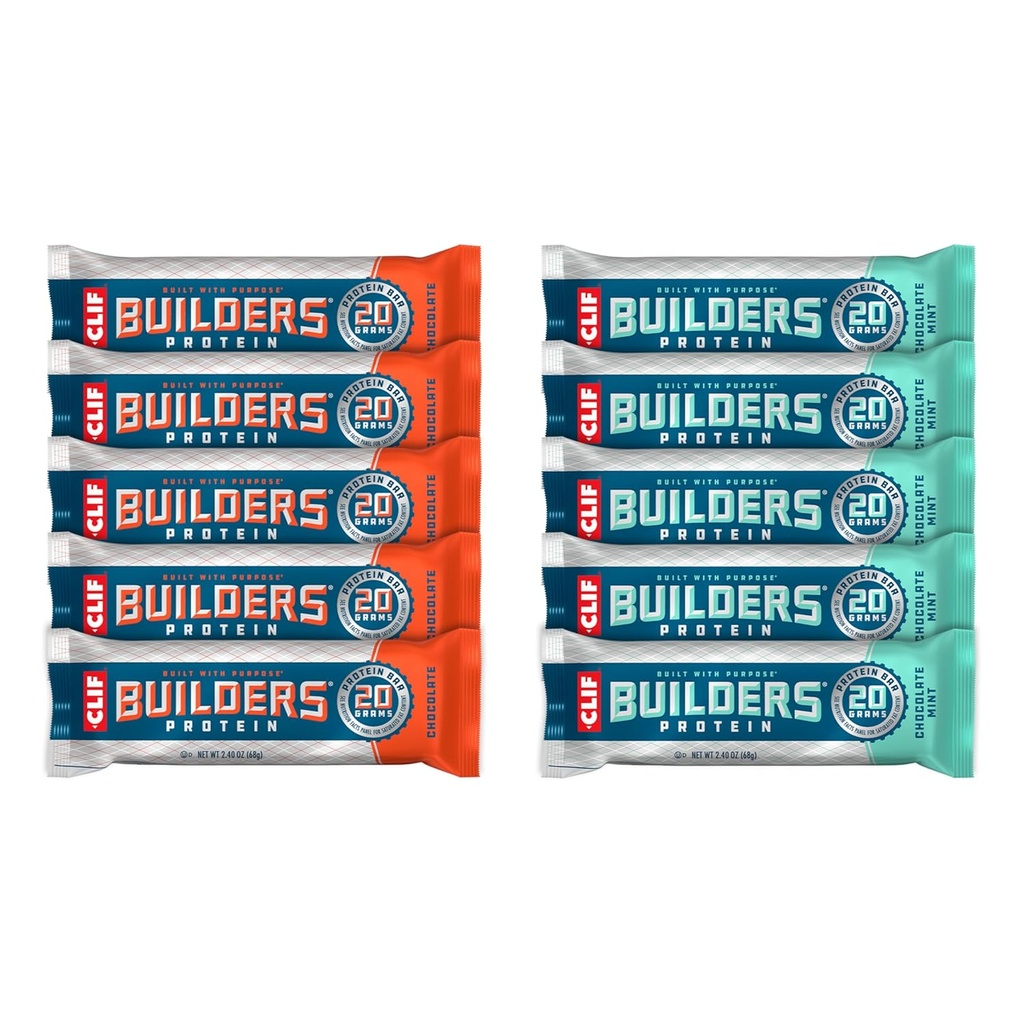 CLIF Builders - Chokolade Mint og Chokolade Flavor - Variety Pack - Plant Based Protein Bars - Gluten Free - Non-GMO - Lav Glycemisk - 20g Protein - 2.4 oz. (10 Tæl)