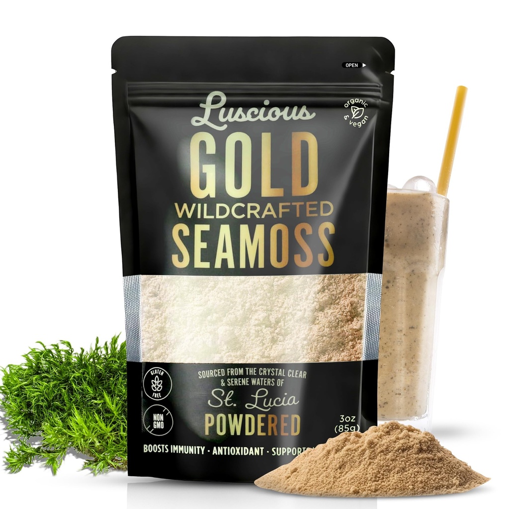 Irish Sea Moss Powder Gold 3 Oz - 100% Økologisk St. Lucia Sea Moss Budding124; Wildcrafted Superfood til Gut Health, immunstøtte, Vegan, Gluten- Free Budding124; gør 120 + Fl Ounces of Gel ved Luscious Spice Emporium