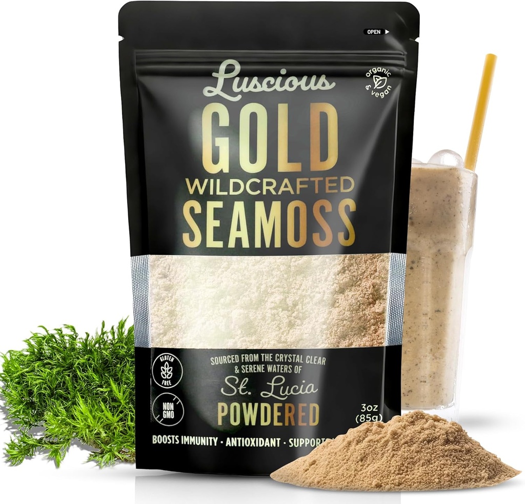 Irish Sea Moss Powder Gold 3 Oz - 100% Økologisk St. Lucia Sea Moss Budding124; Wildcrafted Superfood til Gut Health, immunstøtte, Vegan, Gluten- Free Budding124; gør 120 + Fl Ounces of Gel ved Luscious Spice Emporium