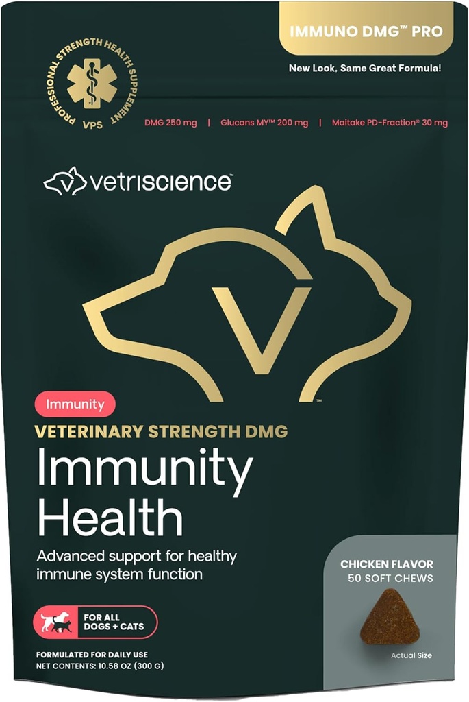 VETRISCIENCE Veterinary Strength DMG Immunity Health Chews - Immunsystemet support til hunde & katte - Leverhjælp - Antioxidant support til kæledyr - Chicken Flavor - 50 Greve