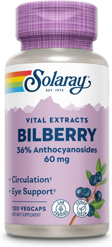 SOLARAY Bilberry Berry Extract 60 mg per kapsel, Kraftig antioxidant, Garanteret potens for sund Vision & Cirkulation Support 120 VegCaps