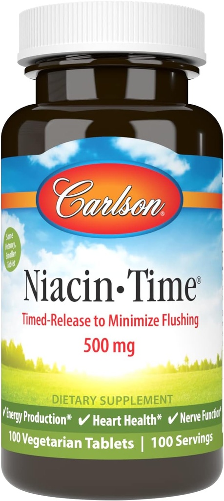 Carlson Niacin- Time 500 mg, B3- vitamin, tids- frigivelse, 100 tabletter